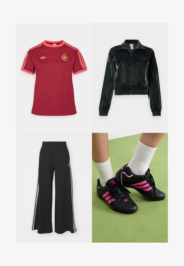 Černá lesklá zkrácená bunda se zipem vpředu, vysokým límcem a elastickým lemem. Má tři pruhy na rukávech a malé logo na hrudi.; Bordová tričko s krátkým rukávem vyrobené z bavlny. Má růžové akcenty na límci a rukávech a žluté logo Adidas se hvězdičkami a emblémem.; Černé pohodlné tepláky širokého střihu s elastickým pasem, na boční straně s bílými pruhy a vyšitým logem na levé stehně.; Černé sportovní boty se třemi růžovými pruhy, svrchní část z texturované kůže, černé tkaničky a detaily loga, spárované s bílými žebrovanými ponožkami na zeleném povrchu.