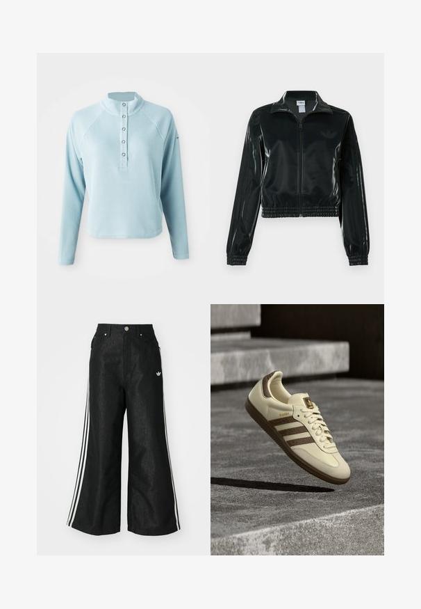 Casaco curto preto brilhante com fecho de correr frontal, gola alta e bainha elástica. Apresenta três riscas nas mangas e um pequeno logotipo no peito.; Blusa de manga longa azul-claro com colarinho alto, tecido texturizado e fecho de botão. Apresenta mangas raglan e uma bainha curta.; Calças de denim largas pretas com três riscas brancas em cada lado e um pequeno logótipo branco. Apresenta bolsos frontais e um fecho de botão.; Ténis cor creme com detalhes castanhos, riscas laterais texturizadas e acabamento em couro liso. Apresenta um design com atacadores e sola de borracha.