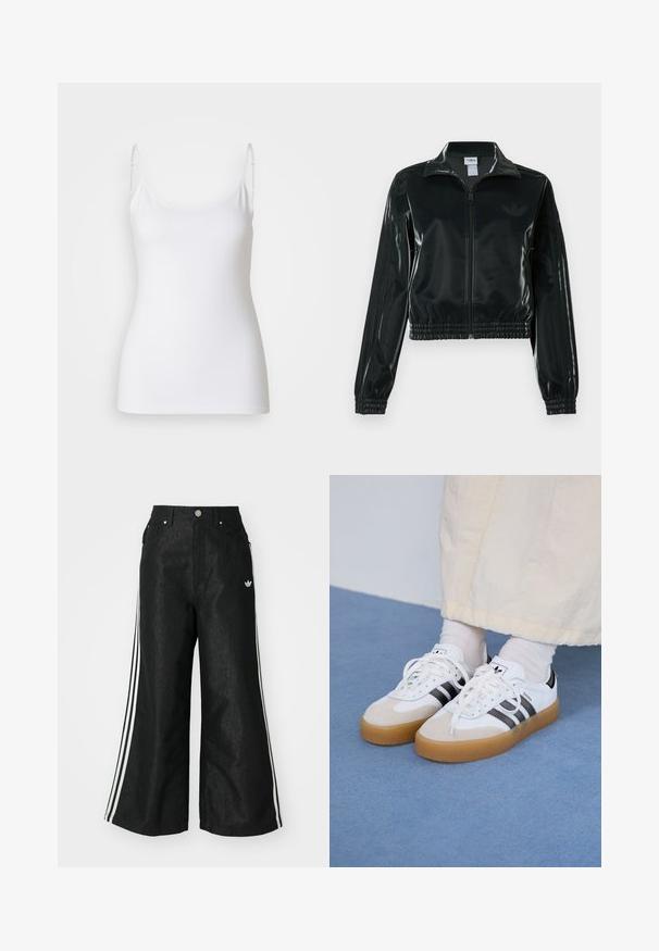 Black glossy cropped jacket with a zip front, high collar, and elasticized hem. Features three stripes on sleeves and a small logo on the chest.; GAP FITTED - Top - white; Black wide-leg denim pants with three white stripe accents on each side and a small white logo. Features front pockets and a button closure.; White sneakers with black stripes and beige suede accents. Feature a textured gum sole and flat white laces, worn with light-colored socks.