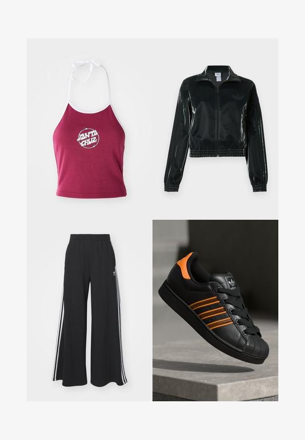 Melna spīdīga īsā jaka ar rāvējslēdzēja priekšpusi, augstu apkakli un elastīgu apakšu. Piedevas ir trīs svītras uz piedurknēm un neliels logotips uz krūtīm.; Bordo halter stila topiņš ar baltu apdari, ar apaļu logotipu, kurā rakstīts "Santa Cruz" baltā krāsā, izgatavots no ribota kokvilnas materiāla.; Melnas plašas sporta bikses ar elastīgu jostasvietu, kurām ir baltas sānu svītras un izšūts logo kreisajā augšstilbā.; Melnas kedas ar oranžiem akcentiem, trīs horizontālas svītras, teksturēts ādas augšdaļa, gumijas purngala daļa un melnas auklas.