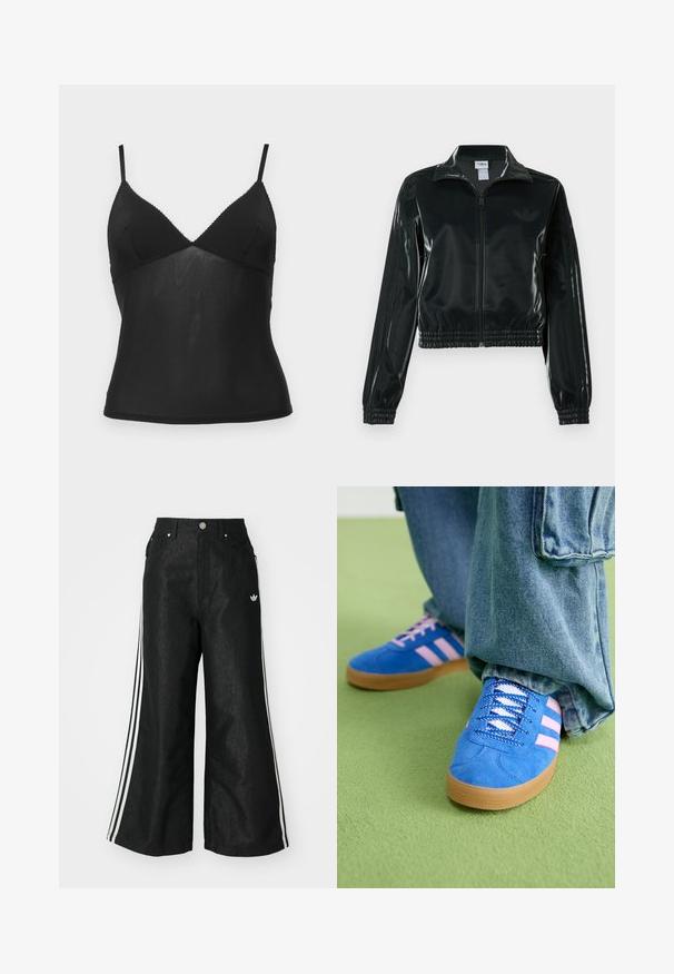 Must läikiv lühike jakk lukuga esiküljel, kõrge krae ja elastse äärega. Varrukatel on kolm triipu ja rinnal väike logo.; BDG Urban Outfitters JE TAMIE CAMI - Topp - black; Mustad mustadeline denimipüksid, millel on kummalgi küljel kolm valget triipu ja väike valge logo. Omab esikotte ja nööbiga kinnihoidmist.; Sinised sametkingad roosade triipudega ja valgete paeltega, millel on kummist tallad, kombineeritud laia teksapükstega rohelisel pinnal.