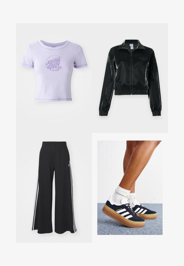 Jachetă neagră lucioasă, scurtă, cu fermoar frontal, guler înalt și tiv elastic. Are trei dungi pe mâneci și un mic logo pe piept.; Tricou ajustat de culoare purpurie, cu mâneci scurte, decolteu rotund și cusături în contrast. Prezintă un design grafic "SANTA CRUZ" pe față.; Pantaloni de trening negri cu croială largă, prevăzuți cu un brâu elastic, având dungi laterale albe și un logo brodat pe coapsa stângă.; Adidași negri din piele întoarsă cu dungi și accente albe, vârf rotund, talpă de cauciuc gumă, asortați cu șosete albe cu model nervurat.