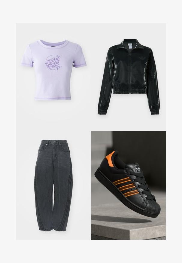 Czarna błyszcząca krótka kurtka na zamek błyskawiczny z przodu, z wysokim kołnierzem i elastycznym wykończeniem na dole. Na rękawach znajdują się trzy paski, a na piersi małe logo.; Fioletowa dopasowana koszulka z krótkim rękawem, okrągłym dekoltem i kontrastowym szwem. Na przodzie znajduje się grafika z napisem "SANTA CRUZ".; Luźne czarne dżinsy z wyblakłym wykończeniem, pięć kieszeni, zapięcie na guzik w pasie oraz szwy na przodzie i bokach.; Czarne sneakersy z pomarańczowymi akcentami, trzema poziomymi paseczkami, skórzaną cholewką o teksturowanej powierzchni, gumowym noskiem i czarnymi sznurówkami.