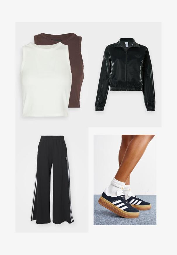 Black glossy cropped jacket with a zip front, high collar, and elasticized hem. Features three stripes on sleeves and a small logo on the chest.; Two ribbed, sleeveless tops in white and dark brown. Both feature a high neckline and soft, stretchy material, ideal for layering.; Black wide-leg sweatpants with an elastic waistband, featuring white side stripes and an embroidered logo on the left thigh.; Black suede sneakers with white stripes and accents, rounded toe, gum rubber outsole, paired with white ribbed crew socks.