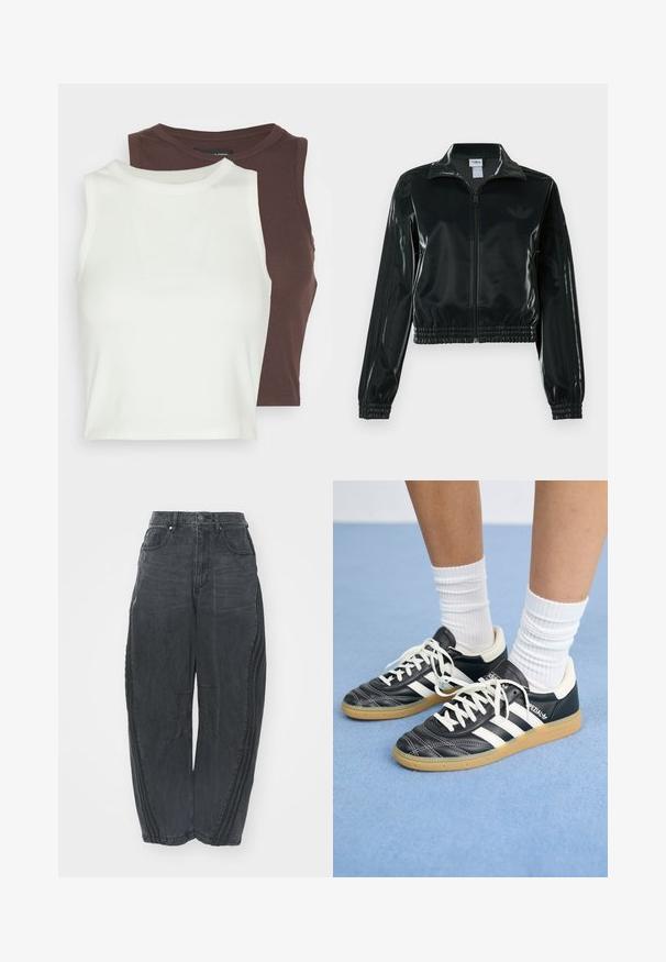Jachetă neagră lucioasă, scurtă, cu fermoar frontal, guler înalt și tiv elastic. Are trei dungi pe mâneci și un mic logo pe piept.; Două bluze cu dungi, fără mâneci, în alb și maro închis. Ambele au un guler înalt și un material moale, elastic, ideal pentru stratificare.; Blugi negri largi din denim, cu un finisaj decolorat, cinci buzunare, închidere cu nasture la talie și detalii cusute pe față și pe laturi.; Adidași din piele neagră cu dungi albe, vârful rotund, șireturi albe și talpă din cauciuc natural. Accentuați de un guler căptușit și detalii de brand.