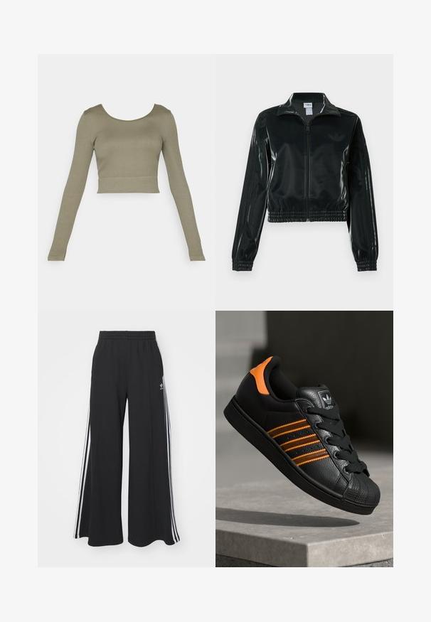 Čierna lesklá skrátená bunda so zipsom vpredu, vysokým golierom a elastickým lemom. Rukávy zdobia tri pruhy a na hrudi je malý logo.; Olivovo zelený dlhý rukáv krčiačkový top s ryhovanou textúrou, okrúhlym výstrihom a priliehajúcimi rukávmi, vhodný na bežné nosenie.; Čierne široké teplákové nohavice s elastickým pásom, so bielymi bočnými prúžkami a výšivkou loga na ľavom stehne.; Čierne tenisky s oranžovými akcentami, tromi horizontálnymi pruhmi, textúrovaným koženým zvrškom, gumovým ochranným vankúšikom na prstoch a čiernymi šnúrkami.