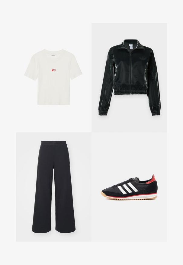 Crna sjajna kratka jakna s patentnim zatvaračem sprijeda, visokim ovratnikom i porubom s elastikom. Na rukavima ima tri pruge i mali logo na prsima.; Bijela kratkotrajna majica s rebrastim uzorkom, koja na prsima ima dva izvezena crvena srca. Meka tkanina s klasičnim okruglim izrezom.; Crne široke sweatpants hlače napravljene od mekog materijala, s elastičnim strukom i malim logotipom s lijeve strane.; Crna atletska cipela s bijelim prugama, detaljima od brušene kože i crvenom petom. Tekstura od mrežastog materijala i gumenim potplatom svijetlosmeđe boje s uzorkom.
