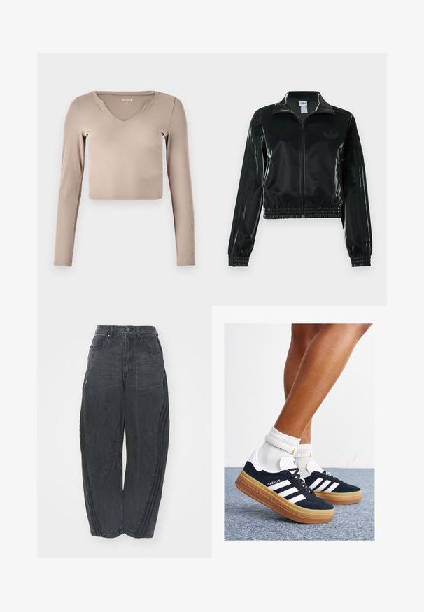 Černá lesklá zkrácená bunda se zipem vpředu, vysokým límcem a elastickým lemem. Má tři pruhy na rukávech a malé logo na hrudi.; Dlouhý rukáv, zkrácený top z světle béžového ribbového materiálu s výstřihem do V a minimálními švy na límci.; Pohodlné černé džíny z denimu s opraným vzhledem, pěti kapsami, zapínáním na knoflík v pase a prošíváním na přední straně a bocích.; Černé semišové tenisky s bílými pruhy a detaily, zaoblenou špičkou, podrážkou z gumy barvy žvýkačky, doplněné bílými žebrovanými ponožkami ke kotníkům.