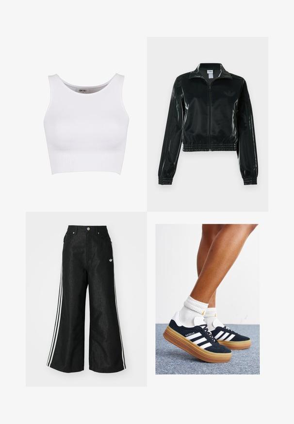 Black glossy cropped jacket with a zip front, high collar, and elasticized hem. Features three stripes on sleeves and a small logo on the chest.; White ribbed crop top with a rounded neckline and wide straps. Features a stretchy texture, designed for comfort and ease of movement.; Black wide-leg denim pants with three white stripe accents on each side and a small white logo. Features front pockets and a button closure.; Black suede sneakers with white stripes and accents, rounded toe, gum rubber outsole, paired with white ribbed crew socks.