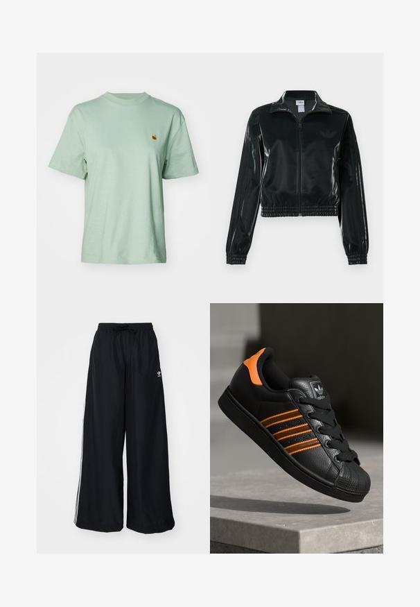 Casaco curto preto brilhante com fecho de correr frontal, gola alta e bainha elástica. Apresenta três riscas nas mangas e um pequeno logotipo no peito.; T-shirt de algodão verde menta com decote redondo, mangas curtas e um pequeno logo bordado no peito. Textura suave e corte descontraído.; Calças largas pretas feitas de um tecido leve. Apresenta uma cintura elástica com cordão e riscas brancas laterais. Logótipo da marca na anca.; Sapatilha preta com detalhes laranja, três riscas horizontais, parte superior em couro texturizado, bico de borracha e atacadores pretos.