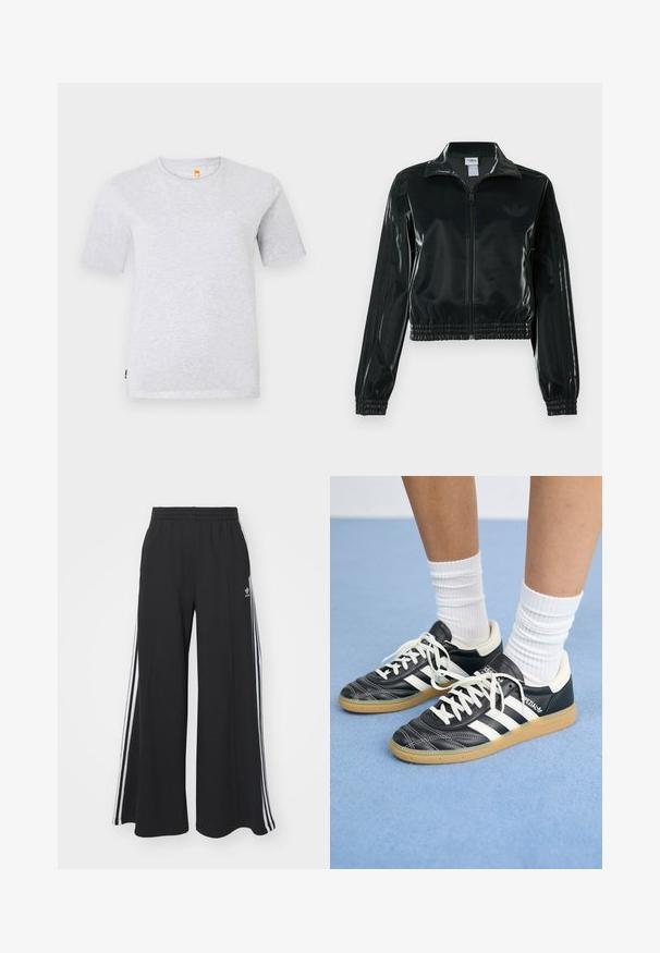 Black glossy cropped jacket with a zip front, high collar, and elasticized hem. Features three stripes on sleeves and a small logo on the chest.; Grey short-sleeve t-shirt made of soft jersey fabric, featuring a crew neckline and a small logo on the chest. Simple, minimalist design.; Black wide-leg sweatpants with an elastic waistband, featuring white side stripes and an embroidered logo on the left thigh.; Black leather sneakers with white stripes, round toe, white laces, and gum rubber sole. Accentuated by padded collar and branding details.