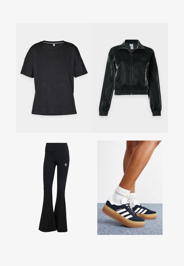 Musta kiiltävä lyhyt takki vetoketjulla, korkealla kauluksella ja joustavalla helmalla. Hihoissa on kolme raitaa ja rinnassa pieni logo.; Mustat lyhyet hihattomat t-paidat, jotka on valmistettu teksturoidusta kankaasta, jossa on hienovarainen aaltoileva kuvio. Paidassa on pyöreäkaulus ja rento istuvuus.; Mustat ribattu flared leggings, joissa on leveä vyötärönauha ja pieni valkoinen Adidas-logo vasemmalla ylhäällä. Pehmeä kankaan rakenne.; Musta mokkanahkainen tennari, jossa valkoiset raidat ja yksityiskohdat, pyöreä kärki, purukumipohja, yhdistetty valkoisiin ribbineuleisiin nilkkasukkiin.