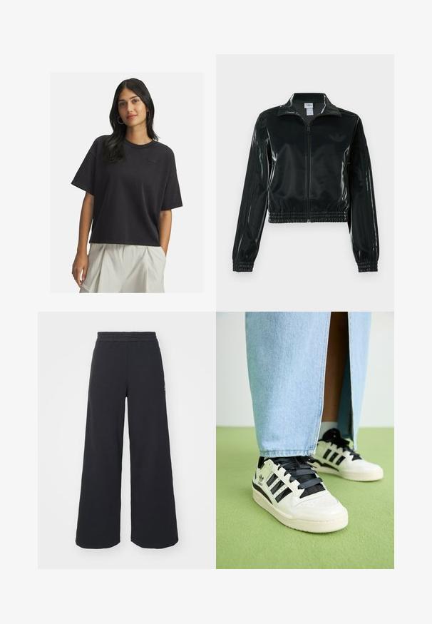 Svart glansig kort jacka med dragkedja framtill, hög krage och elastisk nederkant. Har tre ränder på ärmarna och en liten logga på bröstet.; Kvinna med långt mörkt hår som bär en lös svart t-shirt med kort ärm och ljusa beige högmidjade byxor, stående med ena handen i fickan.; Svarta vida sweatpants tillverkade av mjukt tyg, med ett elastiskt midjeband och en liten logotyp på vänster sida.; Vita lädersneakers med svarta detaljer och snören. Har tre svarta ränder, en perforerad tå och en strukturerad gummisula.