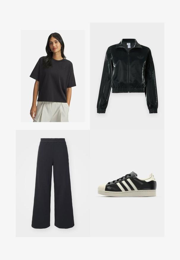 Black glossy cropped jacket with a zip front, high collar, and elasticized hem. Features three stripes on sleeves and a small logo on the chest.; Woman with long dark hair wearing a loose black short-sleeve T-shirt and light beige high-waisted pants, standing with one hand in pocket.; Black wide-leg sweatpants made from soft fabric, featuring an elastic waistband and a small logo on the left side.; Black leather sneaker with white stripes, rubber toe cap, black laces, and a cream-colored outsole. Smooth texture with shiny finish.