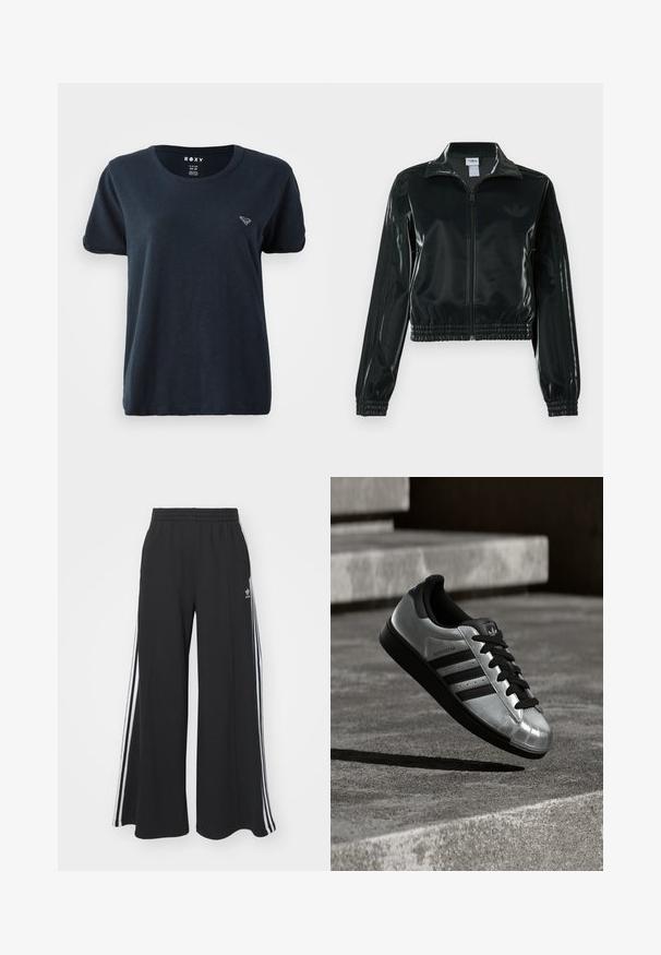 Giacca nera lucida corta con zip frontale, colletto alto e orlo elasticizzato. Presenta tre strisce sulle maniche e un piccolo logo sul petto.; T-shirt a maniche corte di colore blu navy realizzato in tessuto morbido, con scollatura rotonda e un piccolo logo sul lato sinistro del petto. Design semplice e casual.; Pantaloni in felpa neri a gamba larga con vita elastica, dotati di strisce bianche sui lati e un logo ricamato sulla coscia sinistra.; Scarpe da ginnastica argento con suola in gomma nera, lacci neri e tre strisce nere. Presenta una finitura metallica e un design classico con punta a conchiglia.