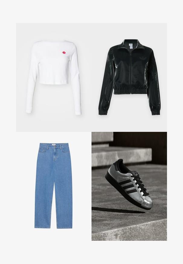 Juoda blizgi trumpa striukė su užtrauktuku priekyje, aukštu apykakliu ir elastine apačia. Rankovėse trys dryžiai ir mažas logotipas ant krūtinės.; Baltas trumpas ilgomis rankovėmis viršus, pagamintas iš minkštos medžiagos, su mažo rožinio rožių siuvinėjimu kairėje krūtinės pusėje. Paprastas dizainas, be raštų.; Šviesiai mėlynos džinsinės kelnės su tiesiu kirpimu, penkių kišenių dizainu, vieno mygtuko užsegimu ir subtiliomis siuvimo detalėmis siūlėse.; Sidabrinis sportinis batelis su juoda gumine pado dalimi, juodais batraiščiais ir trimis juodomis juostelėmis. Turi metalinį blizgesį ir klasikinio shell toe dizainą.