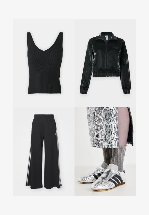Schwarze glänzende, kurz geschnittene Jacke mit Reißverschluss vorne, hohem Kragen und elastischem Saum. Verfügt über drei Streifen an den Ärmeln und ein kleines Logo auf der Brust.; Schwarzes, geripptes Tanktop mit tiefem V-Ausschnitt und breiten Schulterträgern. Glatte Textur, figurbetonte Silhouette und keine sichtbaren Verzierungen.; Schwarze weite Sweatpants mit elastischem Bund, versehen mit weißen Seitestreifen und einem gestickten Logo auf dem linken Oberschenkel.; Silberne Fußballschuhe mit schwarzen Streifen und einem eleganten Design, kombiniert mit strukturierten grauen und goldenen gerippten Socken sowie einem gemusterten Rock.