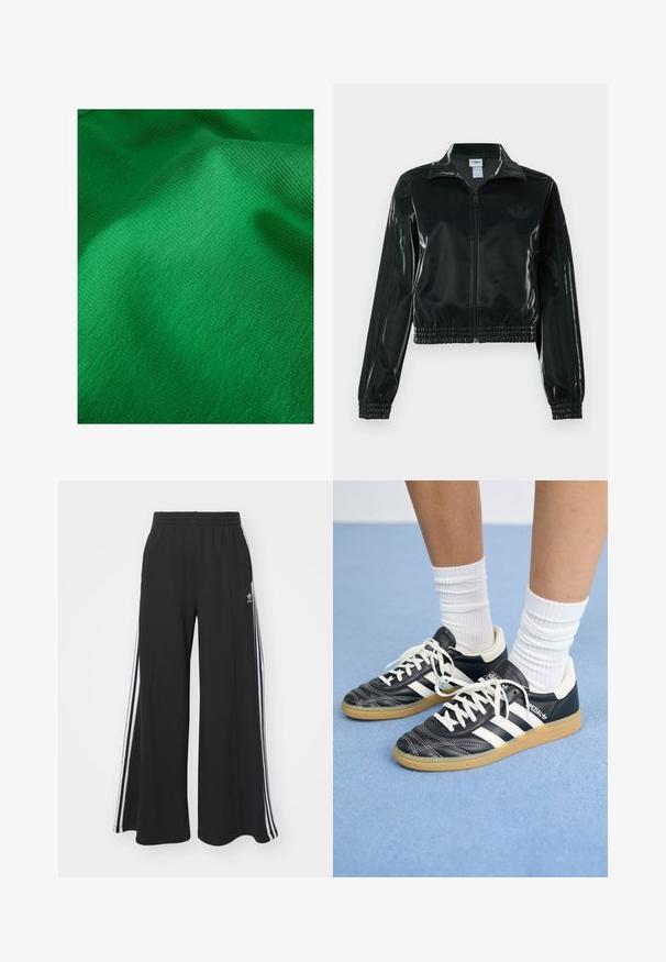 Jachetă neagră lucioasă, scurtă, cu fermoar frontal, guler înalt și tiv elastic. Are trei dungi pe mâneci și un mic logo pe piept.; Tkanină verde texturată cu un model fin de nervuri, prezentând caracteristici de suprafață netede și moi. Ușoară strălucire vizibilă.; Pantaloni de trening negri cu croială largă, prevăzuți cu un brâu elastic, având dungi laterale albe și un logo brodat pe coapsa stângă.; Adidași din piele neagră cu dungi albe, vârful rotund, șireturi albe și talpă din cauciuc natural. Accentuați de un guler căptușit și detalii de brand.