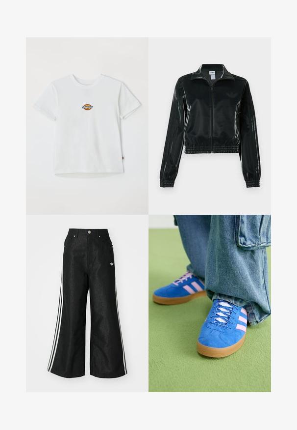 Črno, sijočo kratko jakno z zadrgo spredaj, visokim ovratnikom in elastičnim spodnjim robom. Na rokavih so tri črte, na prsih pa majhen logotip.; Bela bombažna majica s krožnim logotipom v več barvah. Kratki rokavi in okrogla vratna odprtina, z majhno etiketo na robu.; Črne široke jeans hlače z dvema belima črtama na vsaki strani in majhnim belim logotipom. Imajo sprednje žepke in zapiranje na gumb.; Modri semiš čevlji z rožnatimi črtami in belimi vezalkami, z gumijastim podplatom, v kombinaciji z ohlapnimi jeans hlačami na zeleni površini.