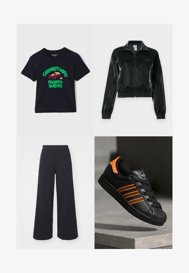 Giacca nera lucida corta con zip frontale, colletto alto e orlo elasticizzato. Presenta tre strisce sulle maniche e un piccolo logo sul petto.; T-shirt nera in cotone con maniche corte, caratterizzata da una grafica colorata di un personaggio dei cartoni animati e la scritta "CARHARTT WIP PRONTO SUBITO" in verde e rosso.; Pantaloni felpati neri a gamba larga realizzati in tessuto morbido, con un elastico in vita e un piccolo logo sul lato sinistro.; Sneaker nera con accenti arancioni, tre strisce orizzontali, parte superiore in pelle texture, punta in gomma e lacci neri.