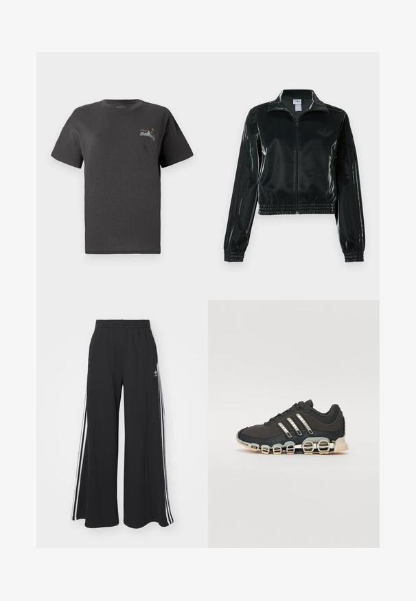 Jachetă neagră lucioasă, scurtă, cu fermoar frontal, guler înalt și tiv elastic. Are trei dungi pe mâneci și un mic logo pe piept.; Tricou gri din bumbac, cu mâneci scurte. Are un mic design brodat multicolor pe piept cu textul "Facturare". Croială clasică.; Pantaloni de trening negri cu croială largă, prevăzuți cu un brâu elastic, având dungi laterale albe și un logo brodat pe coapsa stângă.; Pantof cu aspect sport de culoare neagră, cu un superior texturat, trei dungi argintii și o talpă de amortizare distinctivă, ce prezintă multiple secțiuni integrate.