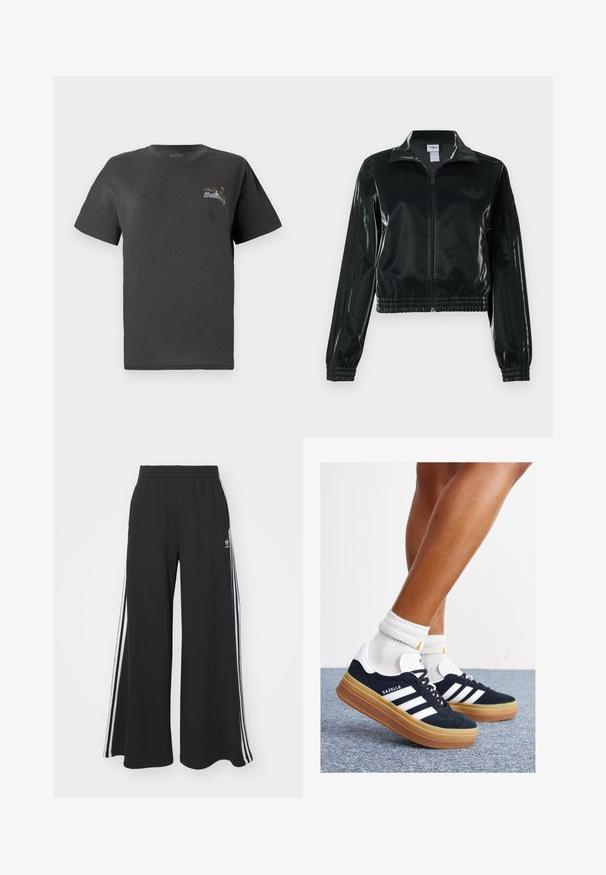 Černá lesklá zkrácená bunda se zipem vpředu, vysokým límcem a elastickým lemem. Má tři pruhy na rukávech a malé logo na hrudi.; Šedé bavlněné tričko s krátkými rukávy. Na hrudi se nachází malý vyšívaný design v několika barvách s textem "Billing." Klasický střih.; Černé pohodlné tepláky širokého střihu s elastickým pasem, na boční straně s bílými pruhy a vyšitým logem na levé stehně.; Černé semišové tenisky s bílými pruhy a detaily, zaoblenou špičkou, podrážkou z gumy barvy žvýkačky, doplněné bílými žebrovanými ponožkami ke kotníkům.