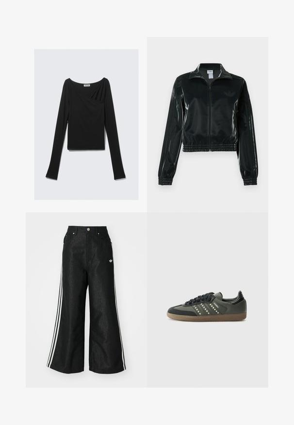 Chaqueta corta negra brillante con cremallera en el frente, cuello alto y dobladillo elástico. Presenta tres rayas en las mangas y un pequeño logo en el pecho.; Top negro de manga larga hecho de un tejido suave, con un diseño drapeado y un escote barco en la parte delantera cruzada. Textura lisa, longitud corta.; Pantalones de denim anchos y negros con tres franjas blancas en cada lado y un pequeño logo blanco. Cuenta con bolsillos frontales y un cierre de botón.; adidas Originals SAMBA OG - Zapatillas - core black/legend earth/gum