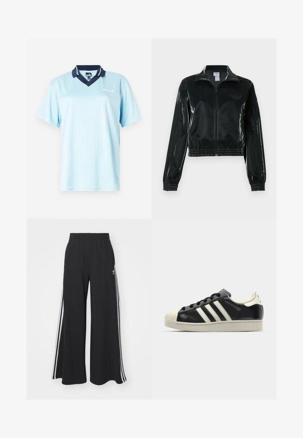 Juoda blizgi trumpa striukė su užtrauktuku priekyje, aukštu apykakliu ir elastine apačia. Rankovėse trys dryžiai ir mažas logotipas ant krūtinės.; Šviesiai mėlynas trumpas rankovės polo marškinėliai su tamsiai mėlynu apykakle. Vertikalūs smulkūs dryžiai ir logotipo akcentas priekyje. Lygus, lengvas audinys.; Juodos plačios kojų džinsinės kelnės su elastingu juosmeniu, turinčios baltas šonines juosteles ir išsiuvinėtą logotipą kairiajame šlaunyje.; Juodi odiniai sportiniai bateliai su baltais dryžiais, guminis toe kapas, juodi raišteliai ir kreminis padas. Lygus pavirčius su blizgiu finišu.