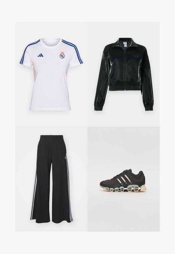 Musta kiiltävä lyhyt takki vetoketjulla, korkealla kauluksella ja joustavalla helmalla. Hihoissa on kolme raitaa ja rinnassa pieni logo.; Valkoinen puuvillapaita, jossa on siniset Adidas-raidat hihoissa, etuosassa Real Madridin logo ja pyöreä kaula-aukko.; Mustat löysät verkkarit, joissa on joustava vyötärö, valkoiset sivuraidat ja brodeerattu logo vasemmassa reidessä.; Musta urheilujalkine, jossa on teksturoitu päällinen, kolme hopeista raitaa ja erottuva vaimennustuli, jonka rakenne koostuu useista integroituista osista.