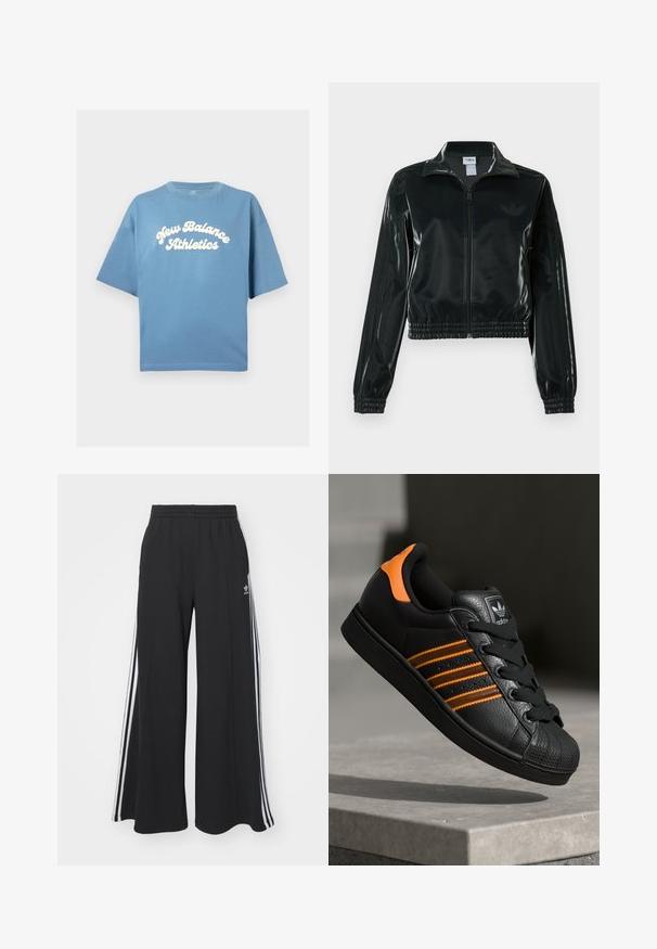 Black glossy cropped jacket with a zip front, high collar, and elasticized hem. Features three stripes on sleeves and a small logo on the chest.; Blue cotton t-shirt with a loose fit, featuring short sleeves and a crew neckline. White "New Balance Athletics" logo centrally printed.; Black wide-leg sweatpants with an elastic waistband, featuring white side stripes and an embroidered logo on the left thigh.; Black sneaker with orange accents, three horizontal stripes, textured leather upper, rubber toe cap, and black laces.
