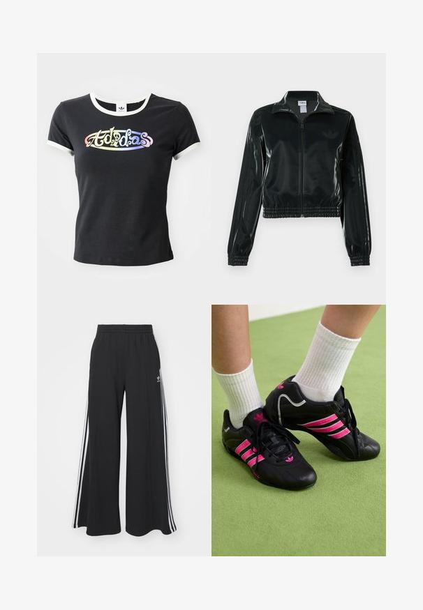 Sort blank cropped jakke med glidelås foran, høy krage og elastisk nederkant. Har tre striper på ermene og en liten logo på brystet.; Svart bomullst-skjorte med hvit ribbestrikket krage og ermer. Har en fargerik, stilisert "Adidas"-logo på forsiden.; Svart vide joggebukser med elastisk midjebånd, med hvite sidestriper og brodert logo på venstre lår.; Sorte sportsko med tre rosa striper, teksturert læroverdel, svarte snører og logodetalj, sammen med hvite ribbestrikkede sokker på grønt underlag.