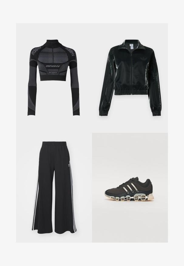 Sort blank cropped jakke med glidelås foran, høy krage og elastisk nederkant. Har tre striper på ermene og en liten logo på brystet.; Svart cropped treningsgenser med lange ermer, høy krage, halv glidelås, teksturerte paneler og kontrasterende grå linjer og detaljer.; Svart vide joggebukser med elastisk midjebånd, med hvite sidestriper og brodert logo på venstre lår.; Svarte sportsko med en strukturert overflate, tre sølvstriper, og en distinkt støtdempende såle med flere integrerte seksjoner.