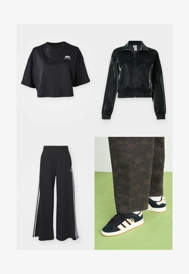 Black glossy cropped jacket with a zip front, high collar, and elasticized hem. Features three stripes on sleeves and a small logo on the chest.; Black cropped t-shirt made of cotton, featuring a round neckline, short sleeves, and a white logo on the chest. Smooth texture.; Black wide-leg sweatpants with an elastic waistband, featuring white side stripes and an embroidered logo on the left thigh.; Black and patterned trousers paired with navy suede sneakers featuring cream stripes and white soles. Surfaces shown are textured and flat.