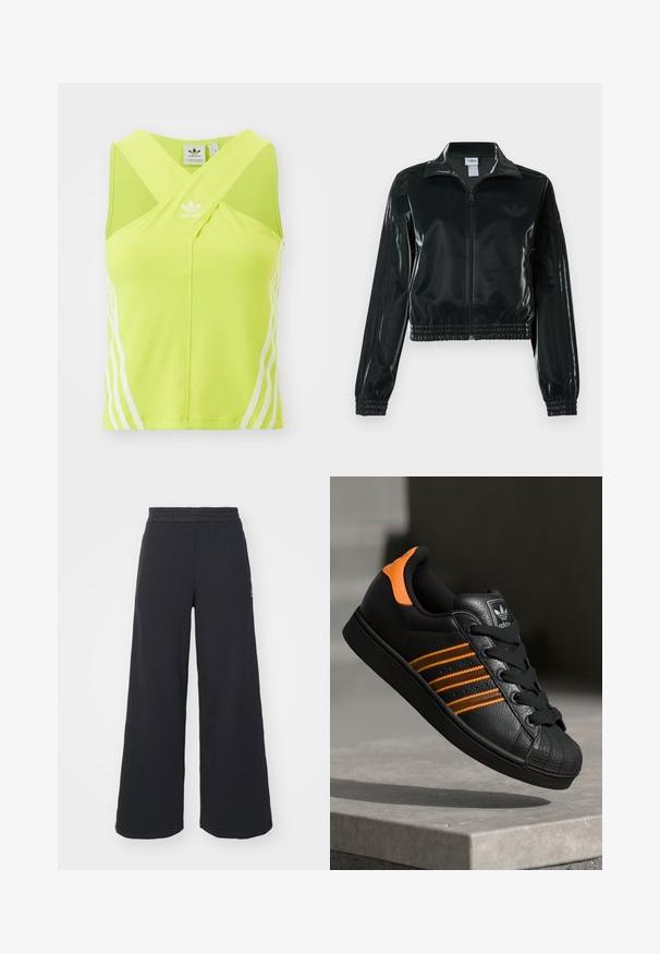 Sort blank cropped jakke med glidelås foran, høy krage og elastisk nederkant. Har tre striper på ermene og en liten logo på brystet.; Limegrønn treningstopp med kryss foran, hvit Adidas-logo, og tre hvite striper på venstre side. Glatt stofftekstur.; Svart bukse med vid benvidde laget av myk stoff, med elastisk midjebånd og en liten logo på venstre side.; Svart sneaker med oransje detaljer, tre horisontale striper, teksturert skinnoverdel, gummitå, og svarte lisser.