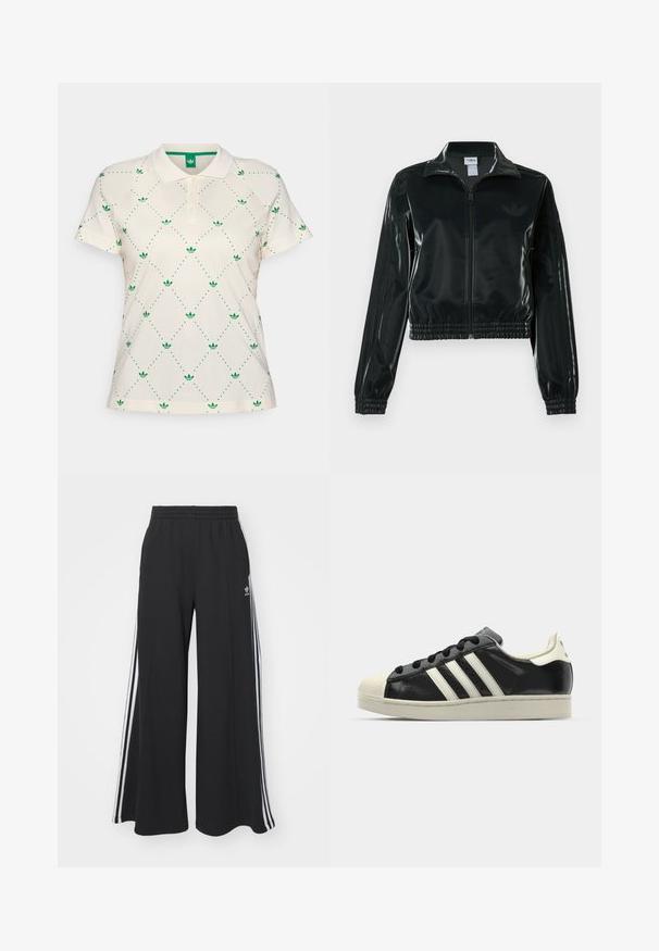 Casaco curto preto brilhante com fecho de correr frontal, gola alta e bainha elástica. Apresenta três riscas nas mangas e um pequeno logotipo no peito.; Polo em creme claro com um padrão geométrico verde de pequenos logotipos e pontos, apresentando uma pala de três botões e mangas curtas.; Calças de suor largas e pretas com uma cintura elástica, apresentando riscas brancas nas laterais e um logótipo bordado na coxa esquerda.; Sapatilha de couro preto com riscas brancas, biqueira de borracha, atacadores pretos e sola na cor creme. Textura suave com acabamento brilhante.