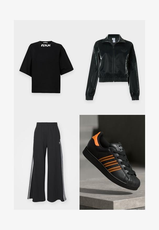 Musta kiiltävä lyhyt takki vetoketjulla, korkealla kauluksella ja joustavalla helmalla. Hihoissa on kolme raitaa ja rinnassa pieni logo.; Musta lyhythemiset T-paita, joka on valmistettu puuvillasta, jossa on pyöreä pääntie ja valkoinen "REPLAY" -logo edessä. Suora leikkaus.; Mustat löysät verkkarit, joissa on joustava vyötärö, valkoiset sivuraidat ja brodeerattu logo vasemmassa reidessä.; Musta sneaker oransseilla yksityiskohdilla, kolme vaakasuuntaista raitaa, tekstuuri-nahkapinta, kuminen varvaskansi ja mustat nauhat.