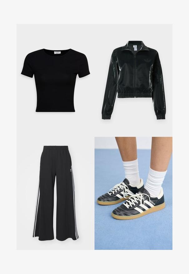 Jachetă neagră lucioasă, scurtă, cu fermoar frontal, guler înalt și tiv elastic. Are trei dungi pe mâneci și un mic logo pe piept.; Tricou negru cu manșete scurte, fabricat dintr-un material de bumbac neted, având un decolteu rotund și un design ajustat. Minimalist, fără modele vizibile.; Pantaloni de trening negri cu croială largă, prevăzuți cu un brâu elastic, având dungi laterale albe și un logo brodat pe coapsa stângă.; Adidași din piele neagră cu dungi albe, vârful rotund, șireturi albe și talpă din cauciuc natural. Accentuați de un guler căptușit și detalii de brand.
