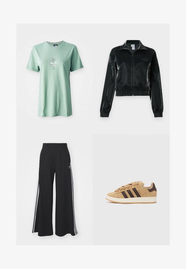 Fekete, fényes rövidített dzseki cipzárral az elején, magas gallérral és elasztikus szegéllyel. Három csík díszíti az ujjakat, és kis logó található a mellrészen.; Világos zöld pamut póló, rövid felhajtott ujjal, egy középen elhelyezett grafikával egy növényről, amely egy kerek virágcserepben található, logóval az alsó elülső részen.; Fekete, bő szárú melegítőnadrág, rugalmas derékkal, fehér oldalsávokkal és hímzett logóval a bal combon.; Barna velúr sportcipő három sötétbarna csíkkal, fehér talppal és bézs fűzővel. Teal és fehér csíkos nadrággal párosítva.