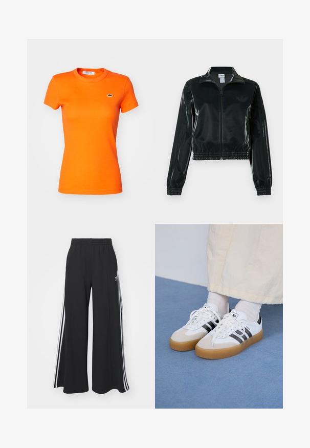 Črno, sijočo kratko jakno z zadrgo spredaj, visokim ovratnikom in elastičnim spodnjim robom. Na rokavih so tri črte, na prsih pa majhen logotip.; Lacoste Navadna majica - buoy; Črne široke trenirke z elastičnim pasom, ki imajo bele stranske proge in vezeno logo na levi stegna.; Bele tene škornje s črnimi črtami in bež usnjenimi detajli. Imajo teksturirano gumijasto podplat in ravne bele vezalke, nosijo se z svetlimi nogavicami.