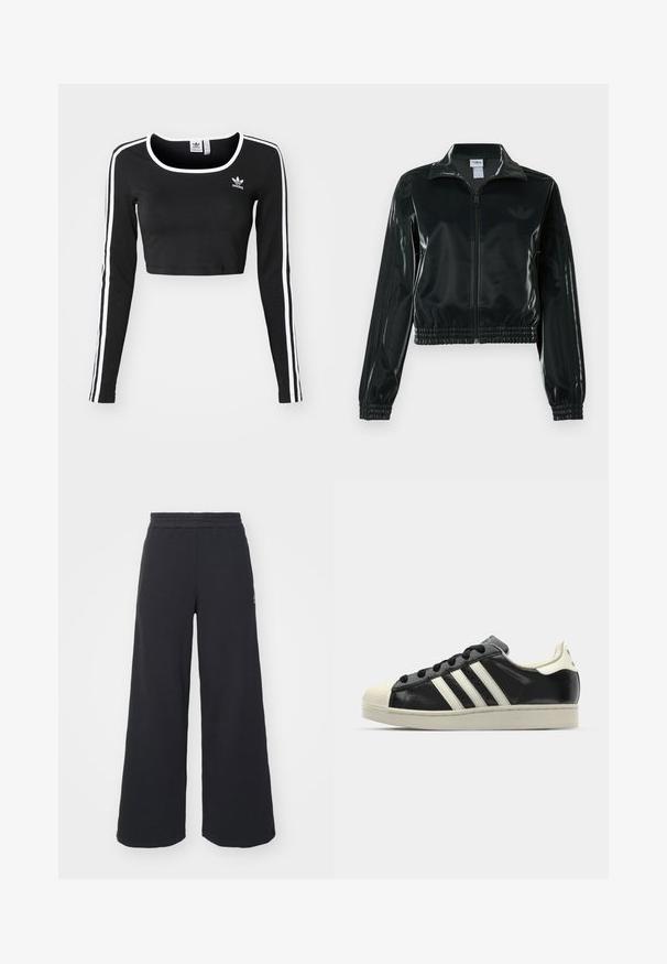 Juoda blizgi trumpa striukė su užtrauktuku priekyje, aukštu apykakliu ir elastine apačia. Rankovėse trys dryžiai ir mažas logotipas ant krūtinės.; Juodas trumpas ilgomis rankovėmis viršus, pagamintas iš medvilnės, turi baltas šonines juostas ir apvalią iškirptę, su mažu juodu logotipu ant krūtinės.; Juoda plačių kojų sportinė kelnė, pagaminta iš minkštos medžiagos, su elastinga juosmens juosta ir mažu logotipu kairėje pusėje.; Juodi odiniai sportiniai bateliai su baltais dryžiais, guminis toe kapas, juodi raišteliai ir kreminis padas. Lygus pavirčius su blizgiu finišu.