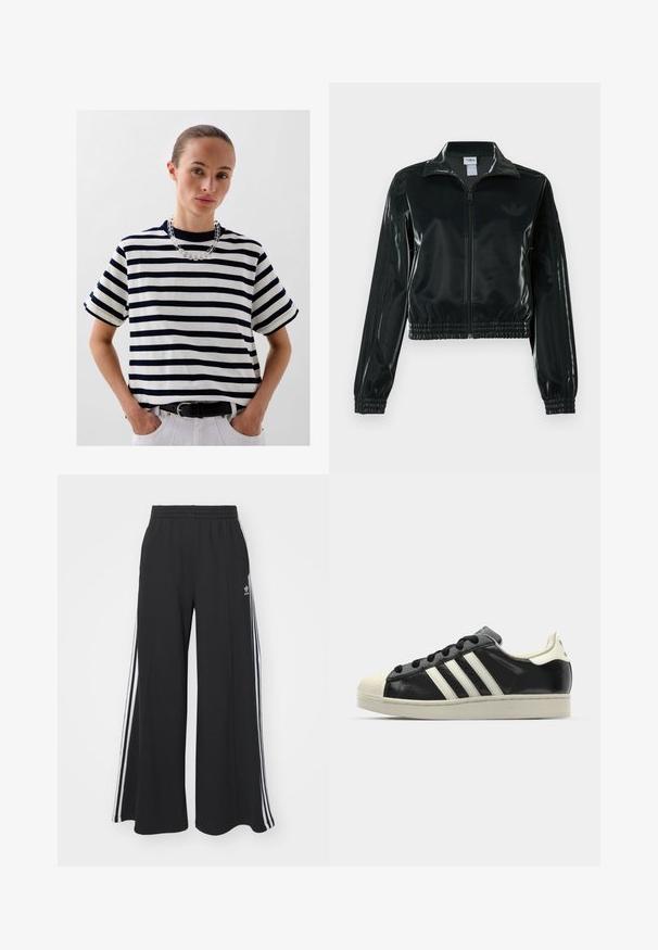 Black glossy cropped jacket with a zip front, high collar, and elasticized hem. Features three stripes on sleeves and a small logo on the chest.; Scalpers HEAVY SOLID - Print T-shirt - navy stripes; Black wide-leg sweatpants with an elastic waistband, featuring white side stripes and an embroidered logo on the left thigh.; Black leather sneaker with white stripes, rubber toe cap, black laces, and a cream-colored outsole. Smooth texture with shiny finish.