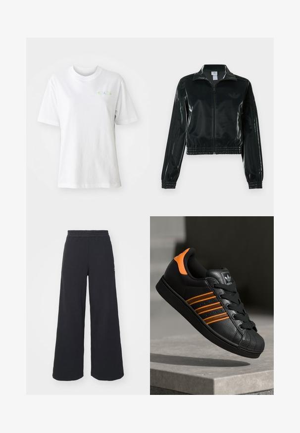 Black glossy cropped jacket with a zip front, high collar, and elasticized hem. Features three stripes on sleeves and a small logo on the chest.; White cotton T-shirt with a round neckline and short sleeves. Features a small colorful logo on the front. Smooth texture and casual fit.; Black wide-leg sweatpants made from soft fabric, featuring an elastic waistband and a small logo on the left side.; Black sneaker with orange accents, three horizontal stripes, textured leather upper, rubber toe cap, and black laces.
