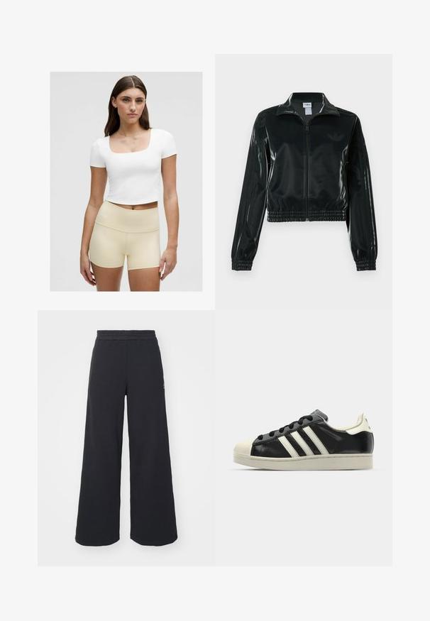 Chaqueta corta negra brillante con cremallera en el frente, cuello alto y dobladillo elástico. Presenta tres rayas en las mangas y un pequeño logo en el pecho.; Camiseta blanca recortada con escote cuadrado, combinada con pantalones cortos de talle alto en un tono beige claro, tejido suave y diseño ajustado.; Pantalones de chándal negros de pierna ancha, hechos de una tela suave, con una cintura elástica y un pequeño logo en el lado izquierdo.; Zapatilla de cuero negro con rayas blancas, puntera de goma, cordones negros y suela color crema. Textura suave con acabado brillante.