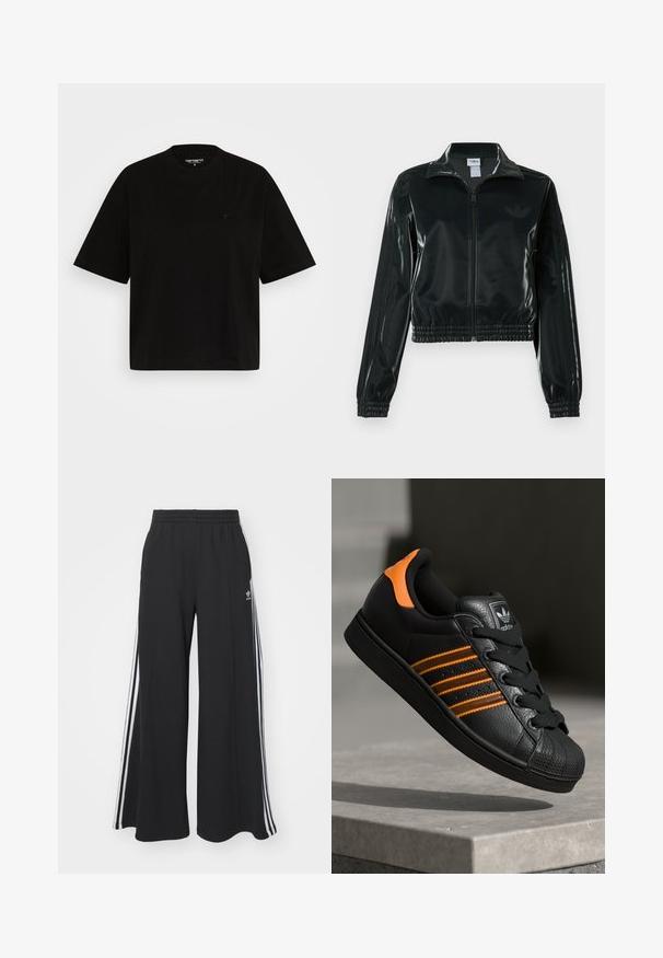 Casaco curto preto brilhante com fecho de correr frontal, gola alta e bainha elástica. Apresenta três riscas nas mangas e um pequeno logotipo no peito.; T-shirt de algodão preto com um corte descontraído, mangas curtas, decote redondo e um pequeno detalhe de logótipo no lado esquerdo do peito.; Calças de suor largas e pretas com uma cintura elástica, apresentando riscas brancas nas laterais e um logótipo bordado na coxa esquerda.; Sapatilha preta com detalhes laranja, três riscas horizontais, parte superior em couro texturizado, bico de borracha e atacadores pretos.