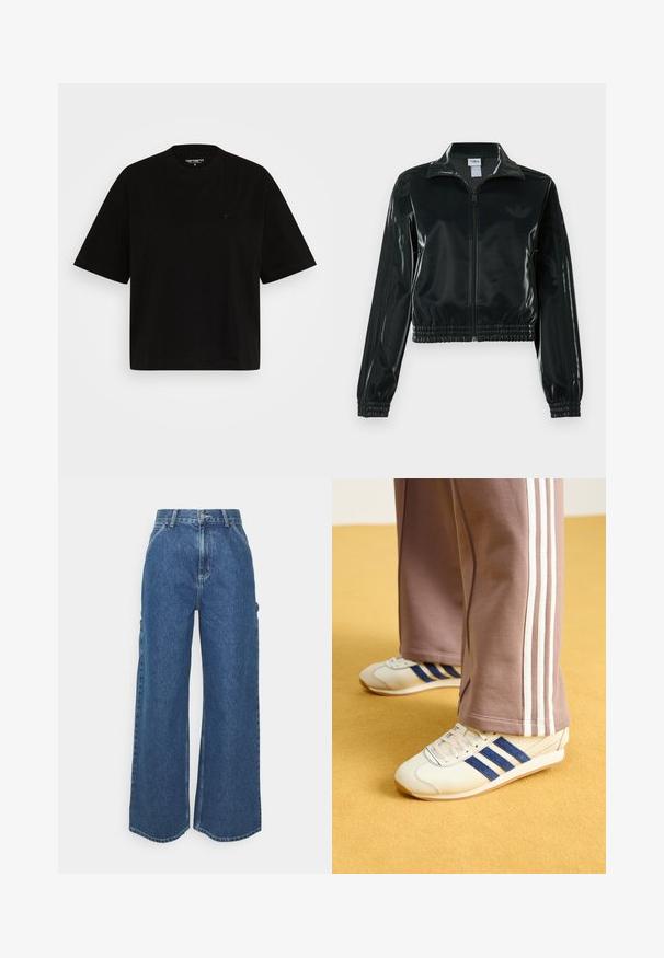 Black glossy cropped jacket with a zip front, high collar, and elasticized hem. Features three stripes on sleeves and a small logo on the chest.; Black cotton t-shirt with a relaxed fit, short sleeves, crew neckline, and a small logo detail on the left chest.; Wide-leg blue denim trousers with a high waist, contrasting stitching, and side pockets, featuring a classic five-pocket design and raw hems.; Cream sneakers with blue suede stripes, white laces, and a rubber sole. Paired with gray sweatpants featuring white side stripes.