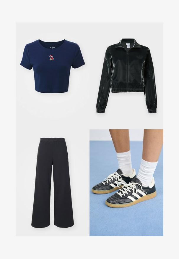 Fekete, fényes rövidített dzseki cipzárral az elején, magas gallérral és elasztikus szegéllyel. Három csík díszíti az ujjakat, és kis logó található a mellrészen.; GAP TEE - Nyomott mintás póló - navy uniform; Fekete, bő szárú melegítőnadrág, puha anyagból készült, rugalmas derékkal és egy kis logóval a bal oldalon.; Fekete bőr sportcipők fehér csíkokkal, kerek orral, fehér fűzővel és gumírozott talppal. Párnázott bokarész és márkajelzések emelik ki.