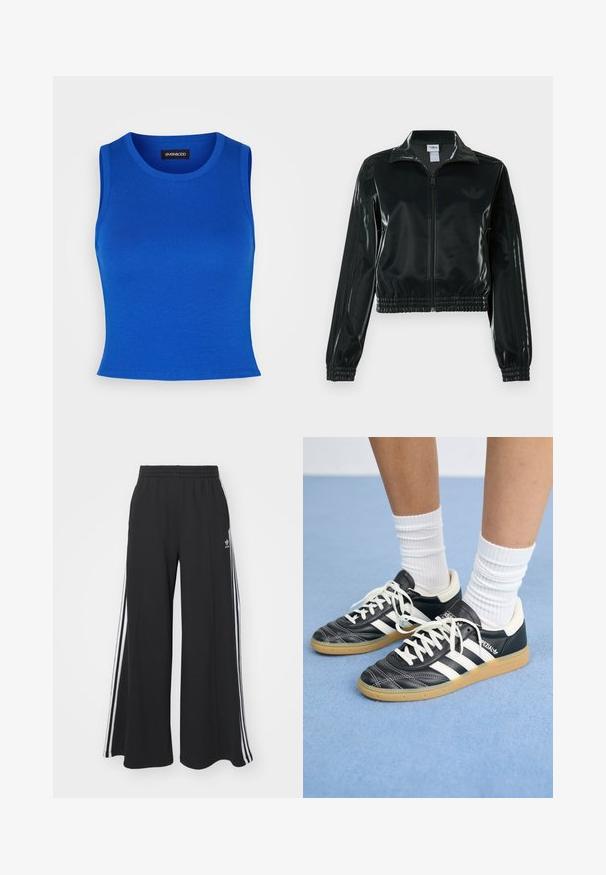 Sort blank cropped jakke med glidelås foran, høy krage og elastisk nederkant. Har tre striper på ermene og en liten logo på brystet.; Kongeblå ribbet tanktop med rund hals og brede skulderstropper. Glat tekstur uden synlige mønstre eller accenter.; Svart vide joggebukser med elastisk midjebånd, med hvite sidestriper og brodert logo på venstre lår.; Sorte lærersneakers med hvite striper, rund tå, hvite snørebånd og såle av gummigummi. Fremhevet med polstret krage og merkeinfos.