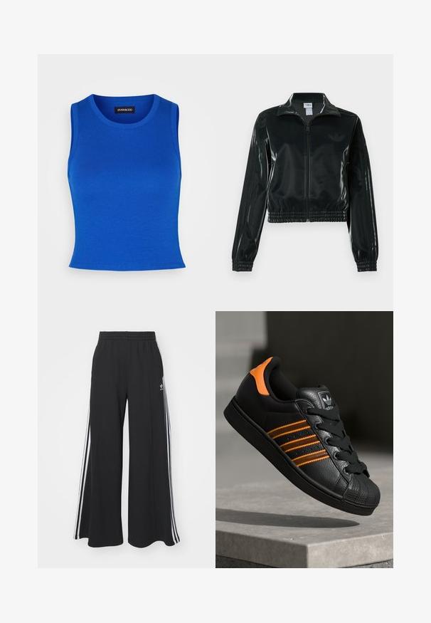 Must läikiv lühike jakk lukuga esiküljel, kõrge krae ja elastse äärega. Varrukatel on kolm triipu ja rinnal väike logo.; Kuninglik sinine ribaga triiksärk ümarate krae ja laiad õlavarrepaelad. Sile tekstuur ilma nähtavate mustrite või aktsentideta.; Mustad laiad trenni püksid elastse vöökohtaga, millel on valged küljeribad ja tikitud logo vasakul reiel.; Mustad mustad mustad oranzhides üksikasjad, kolm horisontaalset triipu, tekstureeritud nahk pealisosa, kummist varbaosa ja mustad paelad.