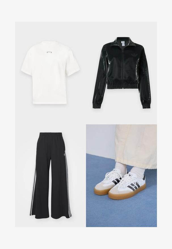 Black glossy cropped jacket with a zip front, high collar, and elasticized hem. Features three stripes on sleeves and a small logo on the chest.; White short-sleeve t-shirt with a crew neck, featuring subtle green embroidered text on the back. Soft cotton material, casual fit.; Black wide-leg sweatpants with an elastic waistband, featuring white side stripes and an embroidered logo on the left thigh.; White sneakers with black stripes and beige suede accents. Feature a textured gum sole and flat white laces, worn with light-colored socks.