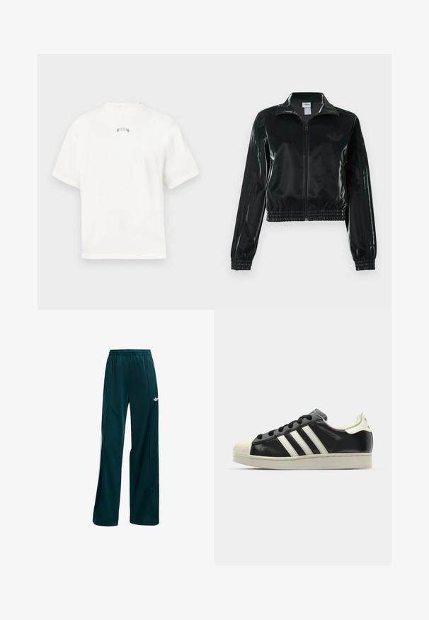 Casaco curto preto brilhante com fecho de correr frontal, gola alta e bainha elástica. Apresenta três riscas nas mangas e um pequeno logotipo no peito.; T-shirt branca de manga curta com decote redondo, apresentando texto bordado em verde discreto nas costas. Material de algodão suave, corte casual.; Calças atléticas em azul-escuro feitas de um tecido leve, com um design simples, cintura elástica e detalhes laterais brancos.; Sapatilha de couro preto com riscas brancas, biqueira de borracha, atacadores pretos e sola na cor creme. Textura suave com acabamento brilhante.